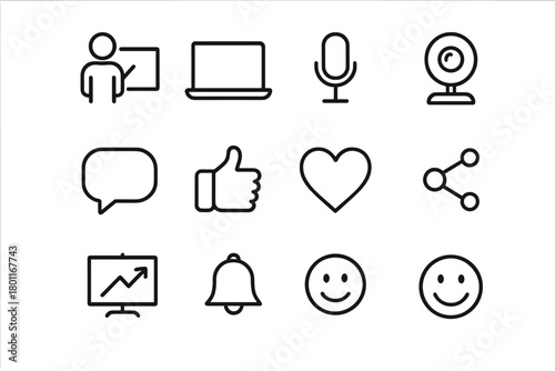 Virtual Tools Icons. Virtual engagement tools. Line outline icon set of virtual engagement tools: presenter,