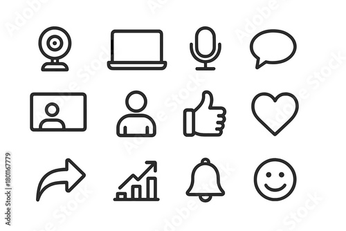 Live Streaming Icons. Live streaming engagement. Line outline icon set of live streaming engagement: webcam,