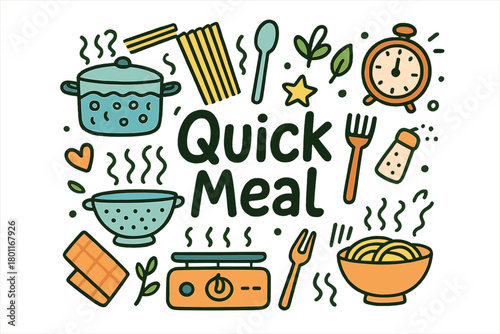 Quick Meal Doodle. Quick meal. Hand-drawn doodle illustration of quick meal. Pot, spaghetti, boiling water,