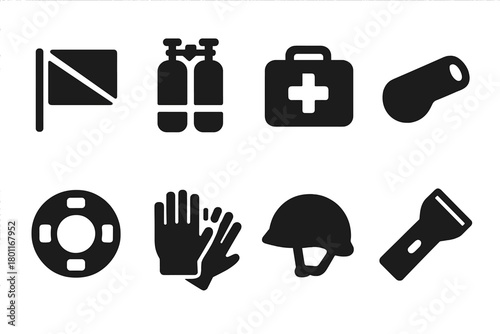 Safety Equipment Icons. Safety Equipment. Filled icon set of Safety Equipment: dive flag, oxygen tank, first