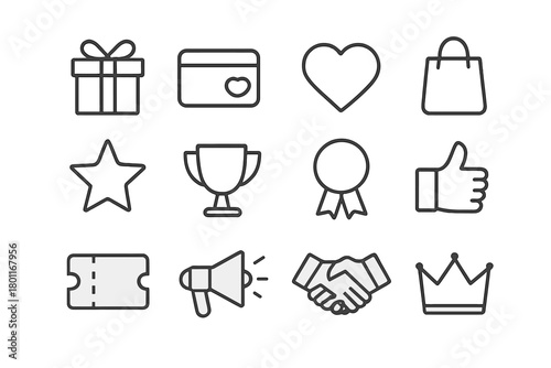 Reward Program Icons. Reward programs. Line outline icon set of reward programs: gift box, loyalty card, heart