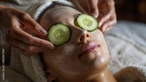 Spa skincare facial cucumber mask relaxation wellness beauty treatment serene soothing facial with cucumber slices and hydrating mask promotes