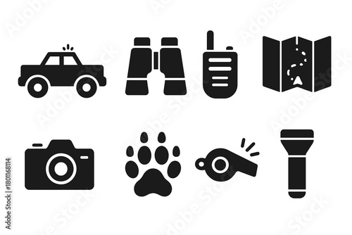 Wildlife Patrol Icons. Wildlife Patrol. Filled icon set of Wildlife Patrol: ranger vehicle, binoculars, radio,
