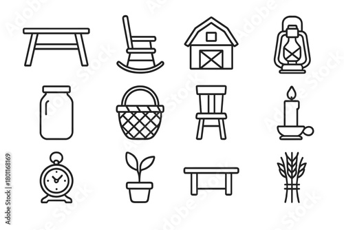 Farmhouse Icon Set. Farmhouse interior elements. Line outline icon set of farmhouse interior elements: wooden