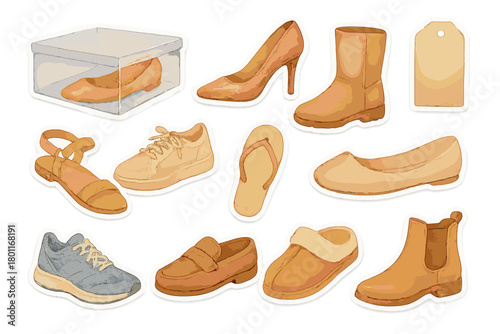 Watercolor Footwear Stickers. Footwear Visibility. Realistic hand-painted watercolor style sticker sheet of