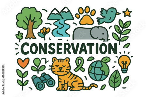 Nature Conservation Doodle. Nature conservation and wildlife protection. Hand-drawn doodle illustration of