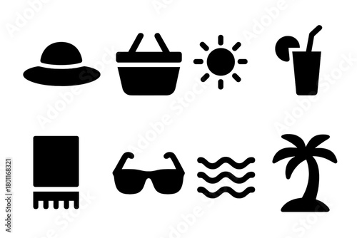 Outdoor Leisure Icons. Outdoor Leisure. Filled icon set of Outdoor Leisure: sunhat, picnic basket, sun, drink,