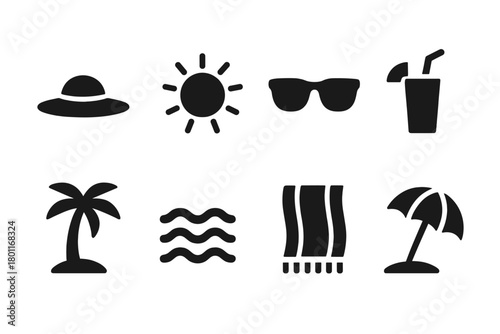 Sunshine Icon Set. Sunshine Day. Filled icon set of Sunshine Day: sunhat, sun, sunglasses, drink, palm tree,