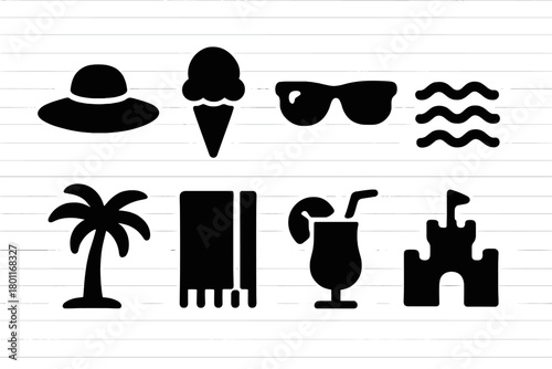 Summer Icon Set. Summer Fun. Filled icon set of Summer Fun: sunhat, ice cream, sunglasses, waves, palm tree,