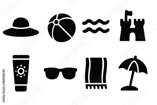 Beach Day Icons. Beach Day. Filled icon set of Beach Day: sunhat, beach ball, waves, sandcastle, sunscreen,