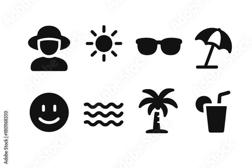 Sunhat Icon Set. Wearing a Sunhat. Filled icon set of Wearing a Sunhat: person with sunhat, sun, sunglasses,