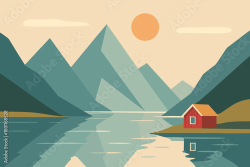 Tranquil Fjord Vista. minimalist flat illustration of a quiet fjord landscape with triangular mountains and a
