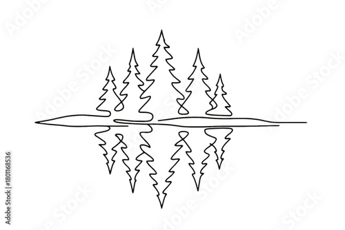Winter Lake Reflection. Winter lake mirror. Minimalistic one-line drawing icy lake reflecting pine trees,