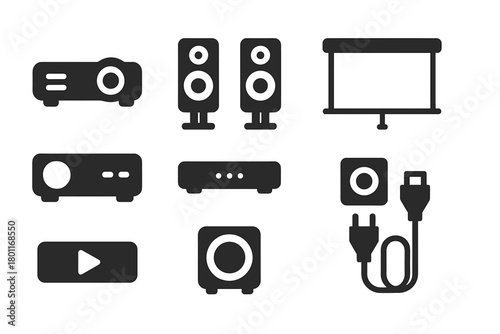 Home Theater Icons. Home theater setup. Filled icon set of Home theater setup: projector, speakers, screen,