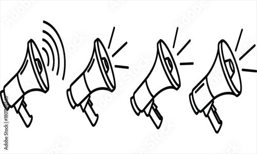 A collection of four illustrated megaphones in black and white line art, one broadcasting a loud message for public announcements