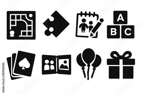 Family Fun Icons. Family activities. Filled icon set of Family activities: board game, puzzle piece, drawing