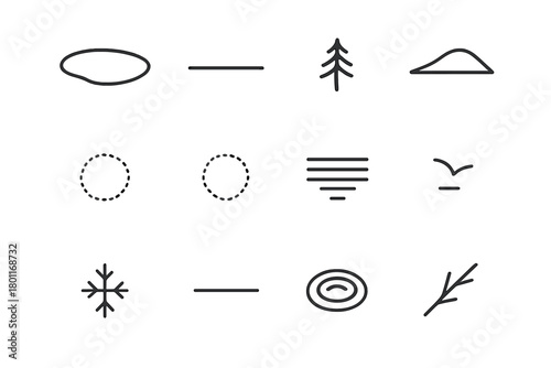 Minimal Winter Lake Symbols. Minimal winter lake symbols. Line outline icon set of Minimal winter lake symbols