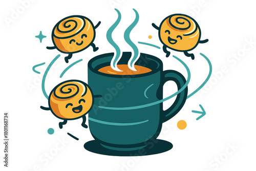 Cinnamon Roll Orbit. Mini rolls and mug. Three tiny cinnamon rolls float around a steaming cup as if in orbit.
