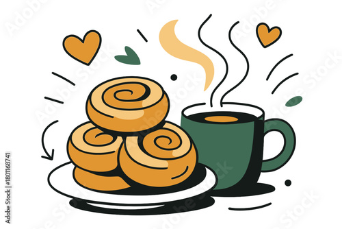 Cozy Breakfast Scene. Cozy breakfast plate. Cinnamon rolls stack gently on a plate as cocoa steam bends toward