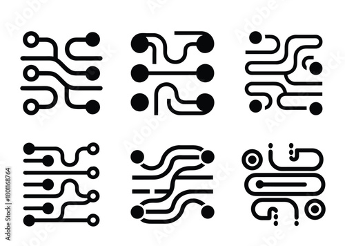 Six unique simple black and white circuit board patterns set in a grid