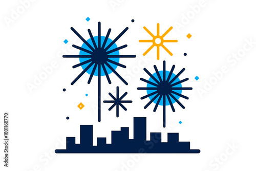 Neon Fireworks Display. Neon Fireworks. Flat minimalist vector illustration of Neon Fireworks. Radiating