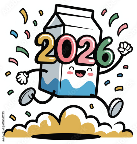 Cartoon milk carton character celebrating new year 2026 with confetti