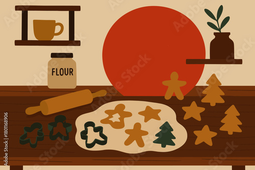 Rustic Kitchen Christmas Cookies. Rustic kitchen with Christmas cookies flat minimalist artwork of a big red