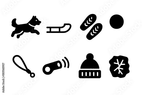 Snowy Husky Icon Set. Snowy dog activities. Filled icon set of Snowy dog activities: running husky, sled, snow