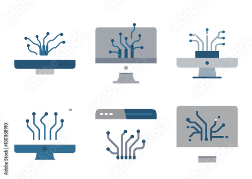 Stylized digital device collection featuring circuit board designs and technological themes