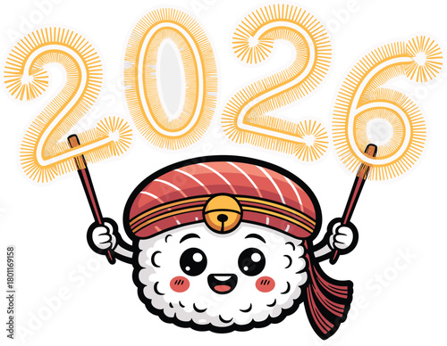 Celebrating new year 2026 sushi cartoon character holding numbers on transparent