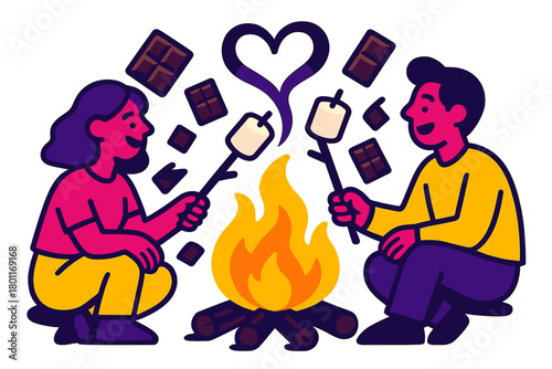 Campfire Toasting Delight. Sweet campfire ritual. Marshmallows toast above orange flames while chocolate bars