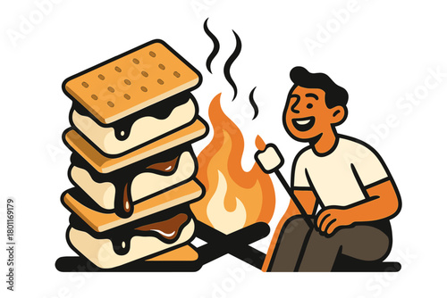 Campfire S'mores Delight. Campfire feast. A stack of s’mores leans as chocolate glistens, flames flickering