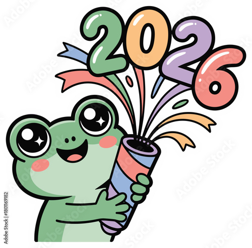 Celebrating new year 2026 with cute cartoon frog popping colorful confetti popper
