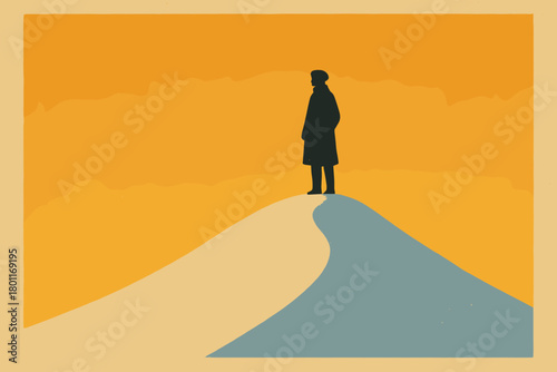 Silhouette on Snowy Hill. Snow-covered hill silhouette minimalist flat illustration of a figure atop a smooth