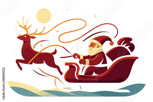 Moonlit Sleigh Ride. Night sleigh journey. Moonlight glints off antlers while the sleigh glides over deep snow