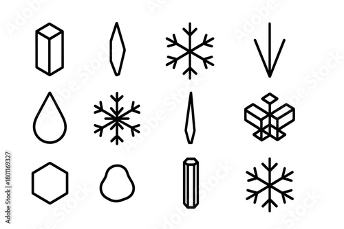 Ice Crystal Icons. Ice crystals. Line outline icon set of Ice crystals: hexagonal prism, ice spike, tiny