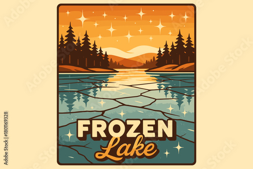 Retro Lake Reflections. Frozen lake reflections. 70s poster vibe, crisp cool gradient mood, thick outlines,