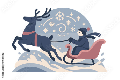 Reindeer Sleigh Adventure. Winter sleigh ride. Reindeer leap through powdered snow with the sleigh bouncing