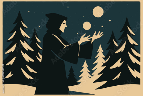 Sorcerer's Winter Ritual. Midnight winter ritual minimalist flat illustration of a sorcerer forming light orbs