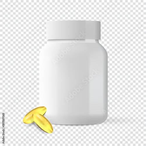 omega-3 capsule and white plastic pill bottle mockup