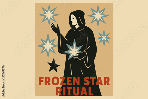 Frozen Star Ritual. Frozen star ritual minimalist flat illustration of a figure surrounded by floating