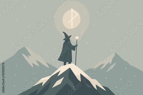 Wizard atop Geometric Peak. Spellbound winter peak minimalist flat illustration of a wizard standing atop a
