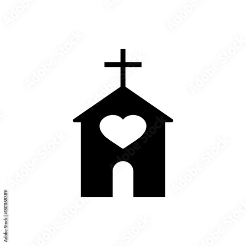 Church heart icon with religious cross and building. Vector illustration. 