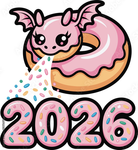 Cute doughnut dragon celebrates year 2026 with sugary delight and colorful sprinkles