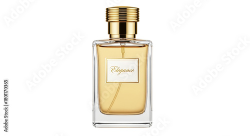 Elegant luxury amber perfume bottle with gold cap and Elegance label isolated PNG with Transparent Background