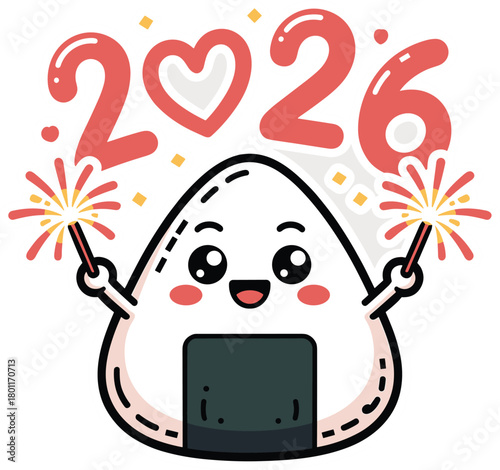 Illustration of 2026 with happy onigiri character holding sparklers for celebration