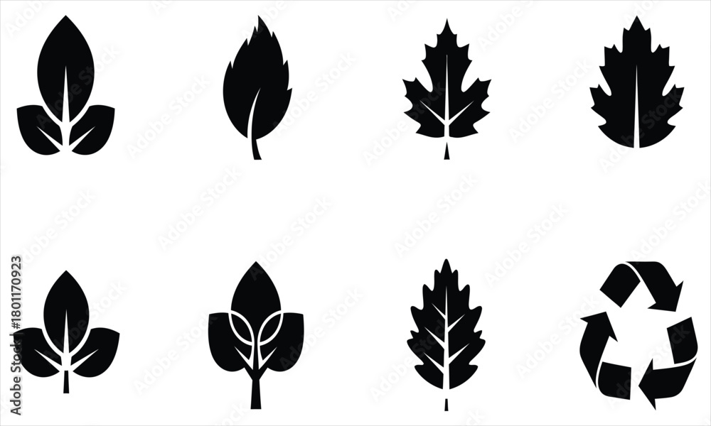 Fototapeta premium Diverse set of black leaf graphic elements alongside a universal recycling logo, perfect for eco-conscious designs, botanical themes, and environmental branding projects