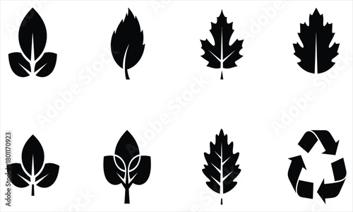 Diverse set of black leaf graphic elements alongside a universal recycling logo, perfect for eco-conscious designs, botanical themes, and environmental branding projects