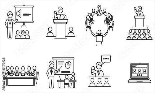Vector line icon set for business communication, presentations, and online meetings. Depicts public speaking, corporate training, and virtual collaboration concepts