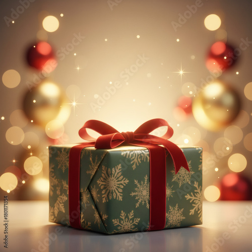 A gift box with a red ribbon sits amidst festive Christmas ornaments and lights